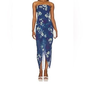 NWT Amanda Uprichard Navy Blue Floral Strapless Midi Dress Sz XS
